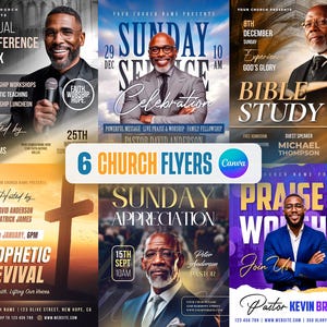 Puede incluir: Un conjunto de seis folletos de iglesia con imágenes de pastores y detalles de eventos. Los folletos presentan textos como "Conferencia Anual", "Servicio Dominical", "Estudio Bíblico" y "Avivamiento Profético". Diseño moderno.