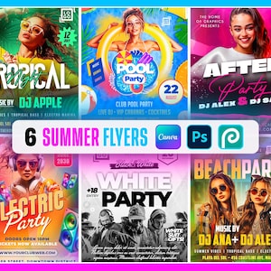 6 Editable Summer Flyer Canva Templates, Pool Party Club Premade Flyer Bundle, Beach Event Flyers, Tropical DJ Party Flyer Canva Photoshop