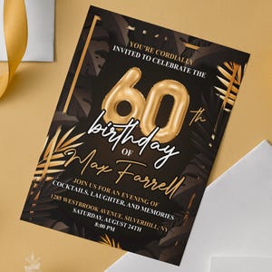 Digital 60th Birthday Party Flyer Invitation, Premade Flyer Digital Download, Male or Female Design, Black Gold Party Flyer Canva Template.