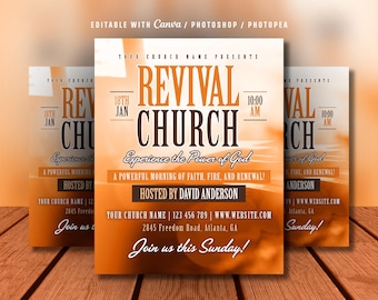 Editable Church Flyer: Sunday Service Celebration, Revival Church Orange Template (Canva, PSD File)