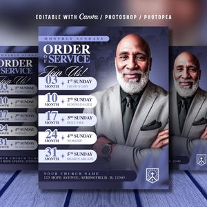 Puede incluir: Folleto promocional para un servicio religioso, con un hombre negro sonriente con traje. El folleto incluye el texto "Orden del servicio" y un calendario mensual, con el nombre y la dirección de la iglesia en la parte inferior.
