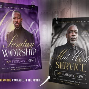 May include: Two posters for church services. The left poster is purple with the words "Sunday Worship" and the date. The right poster is black and white with the words "Mid Week Service" and the date. Both posters feature a portrait of a man.