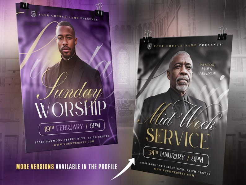 May include: Two posters for church services. The left poster is purple with the words "Sunday Worship" and the date. The right poster is black and white with the words "Mid Week Service" and the date. Both posters feature a portrait of a man.