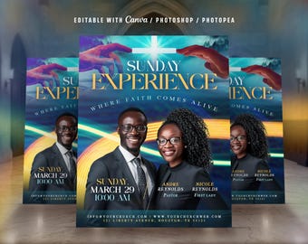 May include: A promotional flyer for a church event, featuring the text "SUNDAY EXPERIENCE" and "Where Faith Comes Alive." The flyer includes images of two people, Andre Reynolds and Nicole Reynolds, and the date and time of the event.