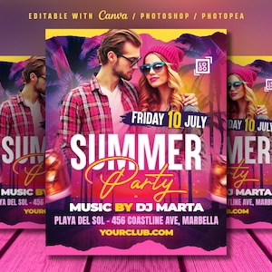 May include: A promotional flyer for a summer party, featuring a couple and palm trees. The flyer includes the text "Summer Party," the date "Friday 10 July," and details about the music and location in Marbella.