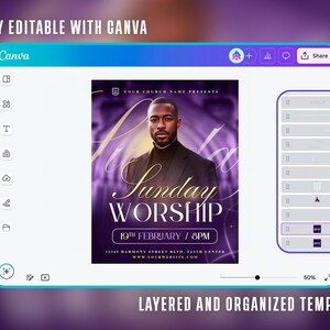 May include: A digital design template for a church event, displayed on a Canva interface. The design features a man in a black suit, with the words "Sunday Worship" in gold lettering. The template is purple and white.