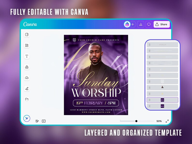 May include: A digital design template for a church event, displayed on a Canva interface. The design features a man in a black suit, with the words "Sunday Worship" in gold lettering. The template is purple and white.