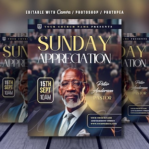 Könnte beinhalten: Werbeflyer für eine Kirchenveranstaltung mit dem Text "Sunday Appreciation" in Gold. Er zeigt ein Porträt eines Mannes in Anzug und Brille mit Datum und Uhrzeit der Veranstaltung. Der Flyer ist dunkelblau.