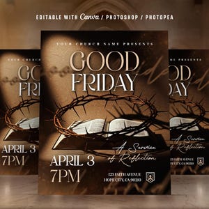 May include: A poster advertising a Good Friday service, featuring a crown of thorns and an open book. The text reads "Good Friday" prominently, with the date and time of the service also included.
