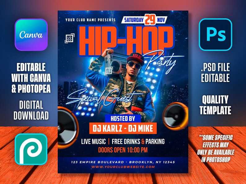 Hip Hop Party Flyer Template: Urban Nightclub DJ Music Event Poster ...