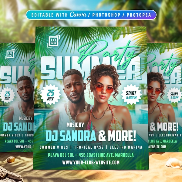 Summer Beach Party Flyer, Tropical Club Event Poster, DJ Night, Canva & Photoshop (Instant Download)