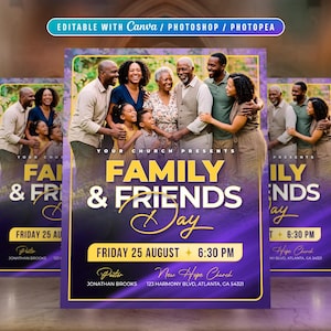 Op de afbeelding: Een promotieflyer voor een Family & Friends Day-evenement. Het ontwerp heeft een paarse en gouden gradiënt achtergrond met een foto van een diverse groep mensen. De tekst bevat de evenementnaam, datum, tijd en kerkgegevens.