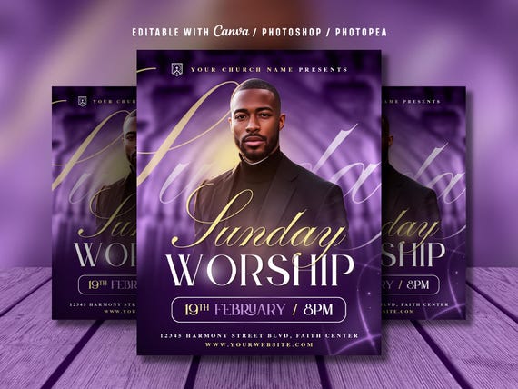 Editable Sunday Worship Flyer Template: Church Service, Christian Event (Canva & Photoshop, Digital Download)