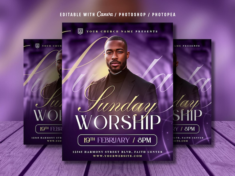 May include: Purple and gold flyer for a Sunday Worship event. The flyer features a man in a black suit, with the words "Sunday Worship" in a stylized font. The date and time are also included: 19th February / 8PM.