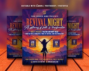 Modèle de Flyer de l'église Revival Night : service de renouvellement, événement flammes vives (toile et Photoshop, téléchargement numérique)