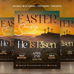 Puede incluir: Tres carteles promocionales para un servicio del Domingo de Resurrección. Los carteles presentan un fondo de puesta de sol con tres cruces en una colina. El texto incluye "Easter Sunday Service" y "He Is Risen".