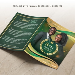 May include: A green and gold church anniversary invitation with the text "8th Church Anniversary". The invitation features a photo of a smiling couple and the words "Thank You".