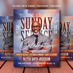 Peut inclure: Flyer promotionnel pour un service du dimanche, avec un homme souriant en costume. Le flyer comprend le texte "Sunday Service" avec la date et l'heure, et le nom "Pastor David Anderson". Le fond a un ciel nuageux.