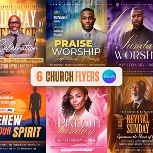 May include: A collection of six church flyers with images of people and text. The flyers are in various colors, including blue, purple, and pink. The text includes event details such as dates, times, and speakers. The flyers are promoting church services and events.
