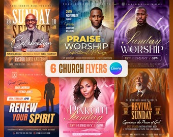 6 Church Flyers Bundle: Worship, Pinkout Sunday, DIY Church Service Flyer (Editable Canva Templates)