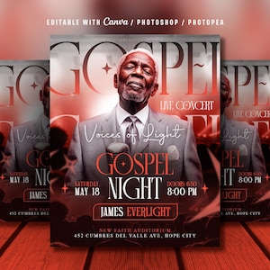 Könnte beinhalten: Ein Werbeplakat für ein Gospel Night Live-Konzert mit einem Mann im Anzug, der ein Mikrofon hält. Das Plakat hat ein rot-graues Farbschema mit dem Text "GOSPEL NIGHT" und dem Namen "JAMES EVERLIGHT".
