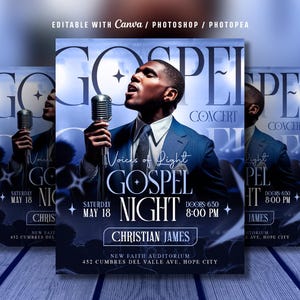 Puede incluir: Un cartel promocional para un concierto de Gospel Night. El diseño presenta a un hombre cantando en un micrófono, con las palabras "Gospel Night" en un lugar destacado. El cartel incluye detalles del evento como la fecha, la hora y el lugar.
