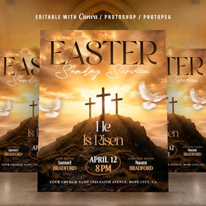 Op de afbeelding: Een flyer voor de Paaszondagdienst met een zonsondergang, drie kruisen op een heuvel en duiven. De tekst luidt "Paaszondagdienst" en "Hij is verrezen". Bevat datum, tijd en kerkinformatie.