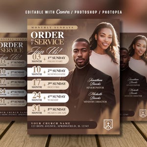 May include: A promotional flyer in brown and beige tones. The flyer displays the text "Order of Service" and "Join Us!" alongside the names of church leaders. The flyer also includes the church name and address.