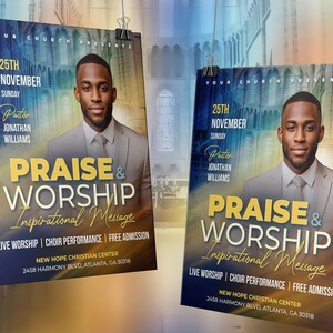 May include: Two posters advertising a church event on November 25th, featuring a man in a suit. The posters read "Praise & Worship" with the text "Inspirational Message". Additional text includes "Live Worship" and "Choir Performance".