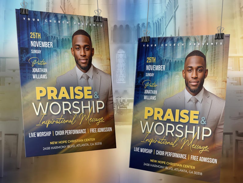 May include: Two posters advertising a church event on November 25th, featuring a man in a suit. The posters read "Praise & Worship" with the text "Inspirational Message". Additional text includes "Live Worship" and "Choir Performance".