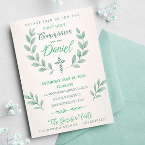 Faire-part première communion vert, toile d'invitation modifiable, carte de communion garçon, motif feuille élégant, modèle imprimable, téléchargement immédiat.