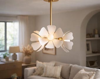 White Flower Pendant Light: Semi Flush Mount Ceiling Light | Modern Floral Chandelier for Living Room, Dining Room & Bedroom Decor