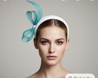 Half Bow Headband in White and Kingfisher Blue Sinamay
