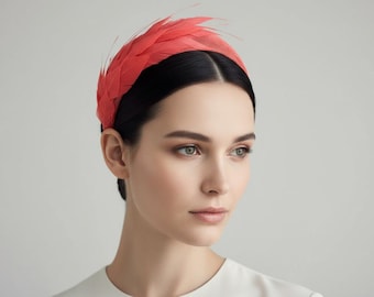 Feather Detail Headband in Coral Pink - Sinamay Wedding Hair Accessory
