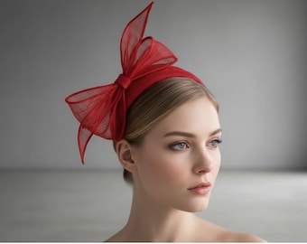 Double Bow Headband in Siren Red Sinamay