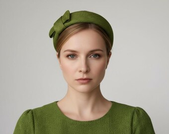 Retro Bow Headband in Olive Green Sinamay