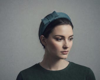 Retro Bow Headband in Teal Sinamay for Wedding or Races.
