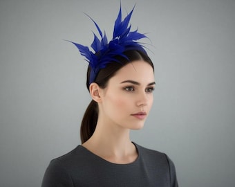 Feather Spray Headband in Royal Blue Sinamay