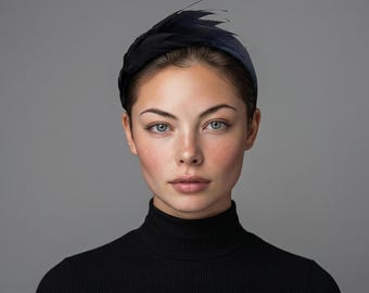 Dark Navy Headband | Wedding | Ascot | Feathers and Sinamay