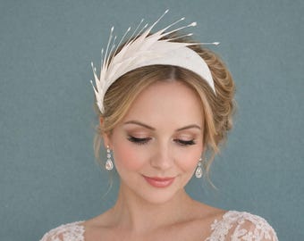 Feather Detail Bridal Headband in White  Sinamay