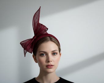 Double Bow Headband in Burgundy Red Sinamay