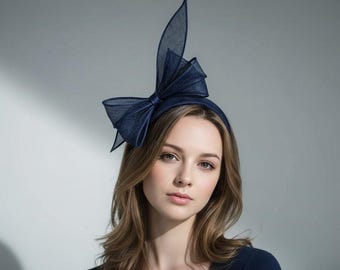 Double Bow Headband in Navy Blue Sinamay