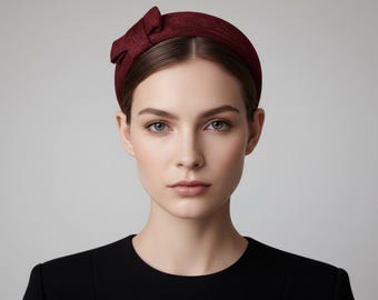 Retro Bow Headband in Burgundy Red Sinamay for Wedding or Races.