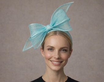 Aqua Blue Statement Bow Headband | Sinamay Ascot Headpiece, Wedding Guest Elegance