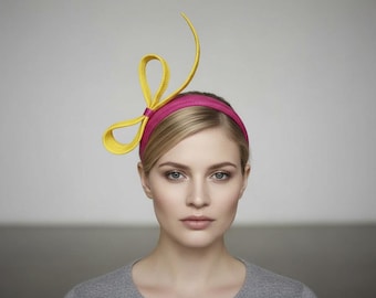 Half Bow Headband in Fuschia Pink and Daffodil Yellow Sinamay