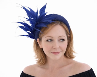Crown Headband with Feather Spray in Royal Blue Sinamay