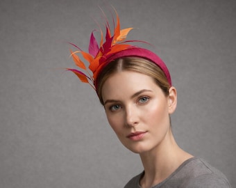Feather Spray Headband in Crimson Sinamay with Crimson Pink and Bright Orange Feathers