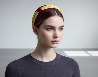 Sinamay Headband with Abaca Silk Sweep - Burgundy Red and Lime Green