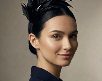 Black Feather Spray Headband in Sinamay | Formal Events | Cocktail Hat | Church Events