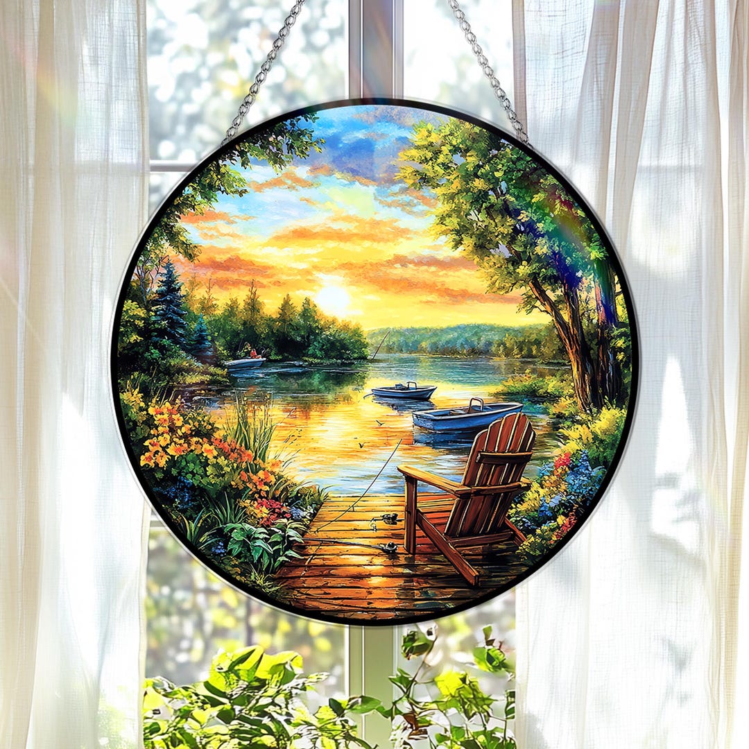 Peaceful Lake Dock Stained Glass Suncatcher, Boat Window Hanging ...
